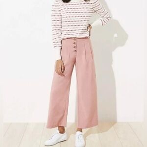 Womens LOFT Pink High‎ Waist Button Fly Comfy Wide Leg Ankle Crop Pants
